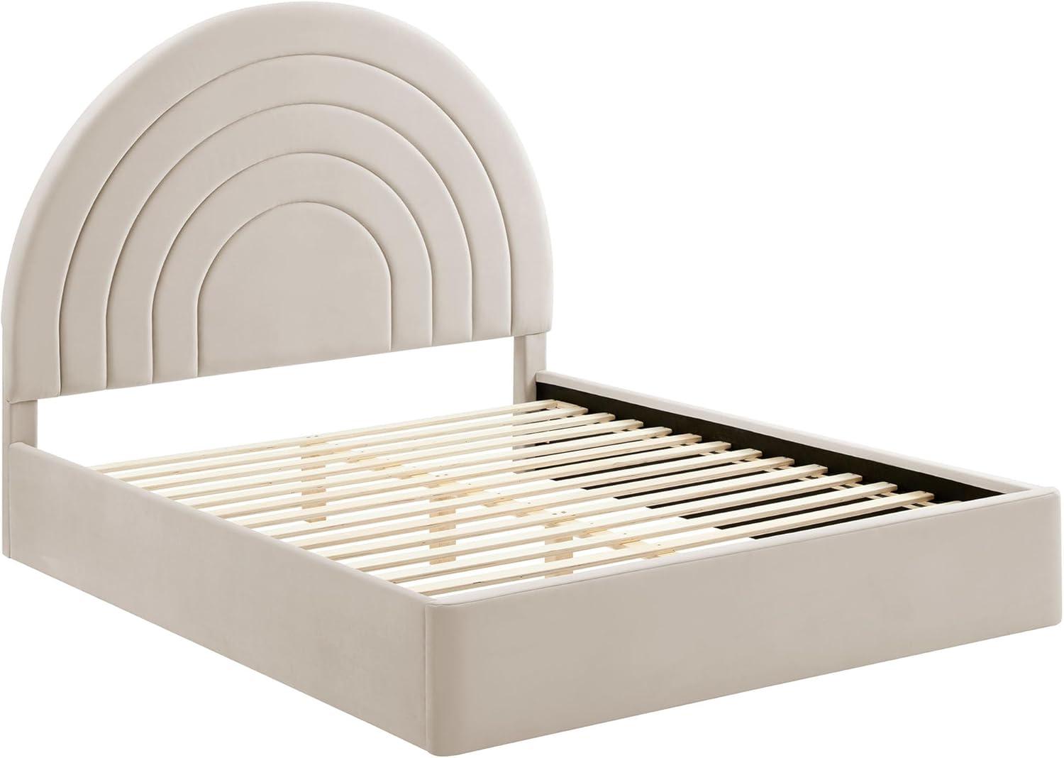 Almond Velvet Full Platform Bed with Arched Upholstered Headboard