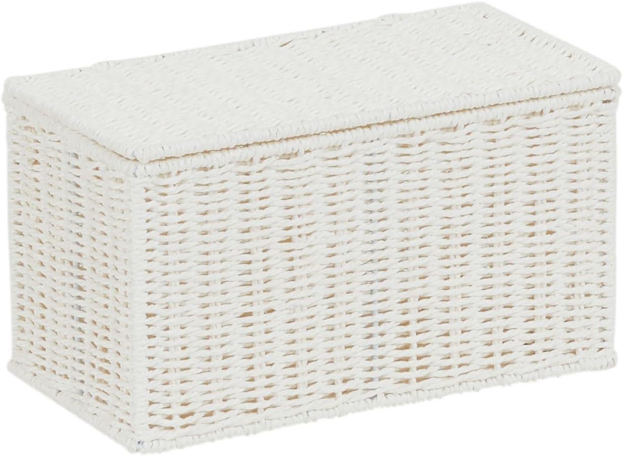 Compact White Paper Rope Wicker Storage Basket with Lid