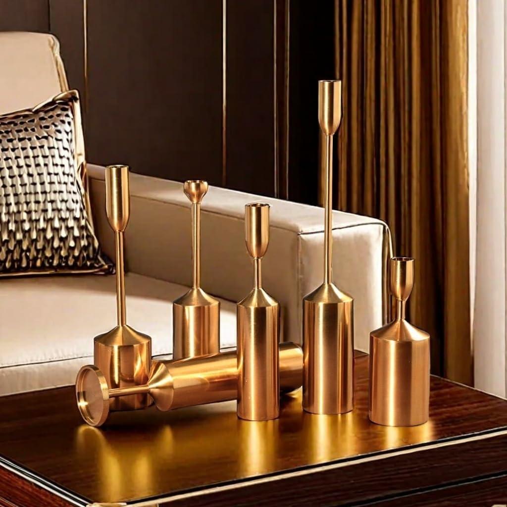 Modern Gold Metal Six-Piece Candle Holder Set