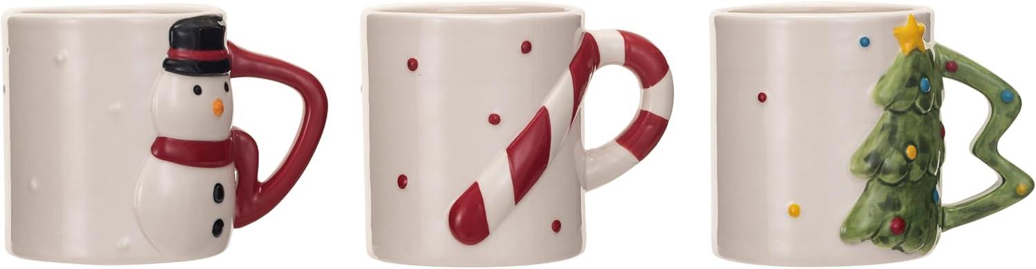 Festive Ceramic Holiday Mugs with Shaped Handles, Set of 3