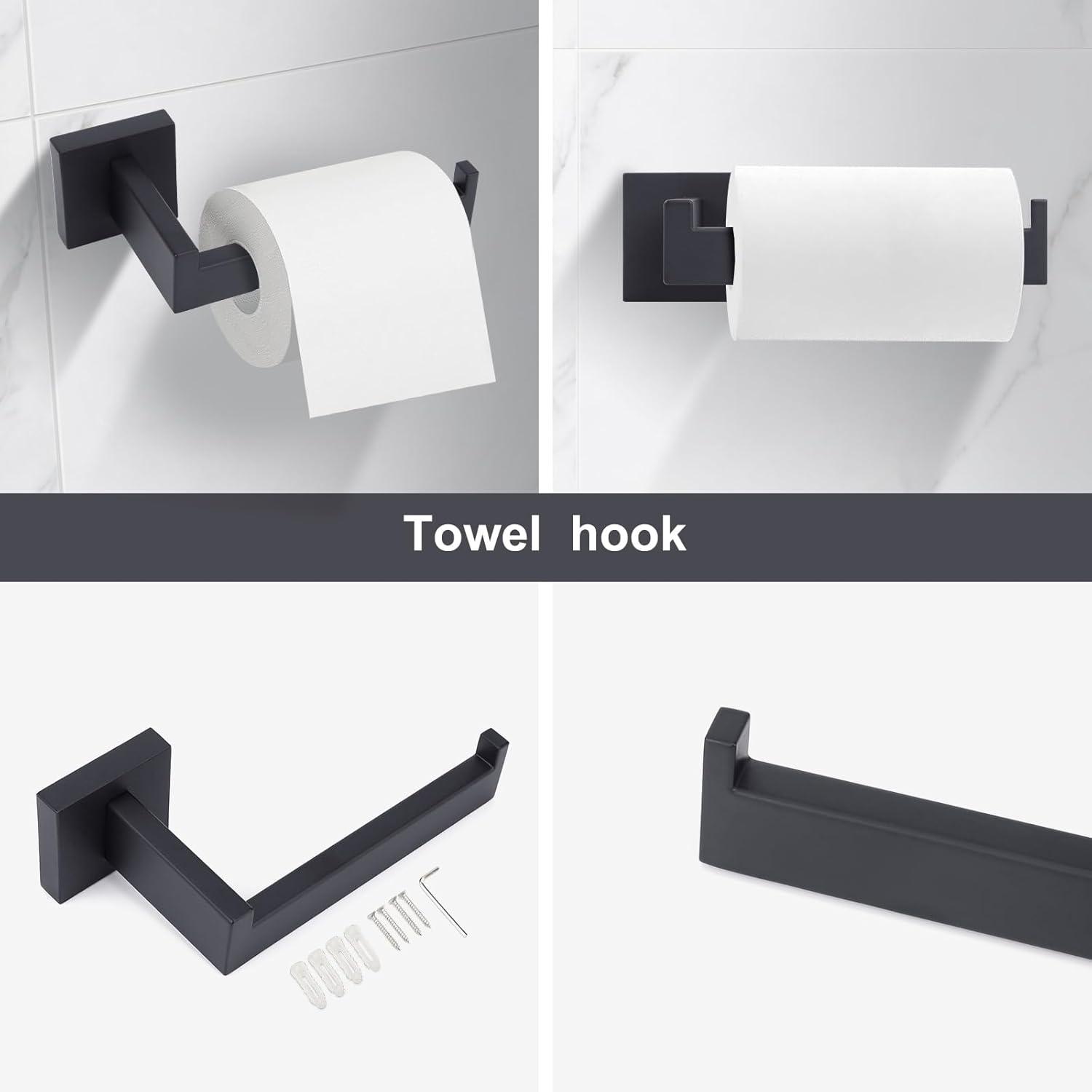 Stainless Steel Matte Black Bathroom Hardware Accessories - 5 Piece Set with 16 inch Square Towel Bar, Towel Rack & Holder