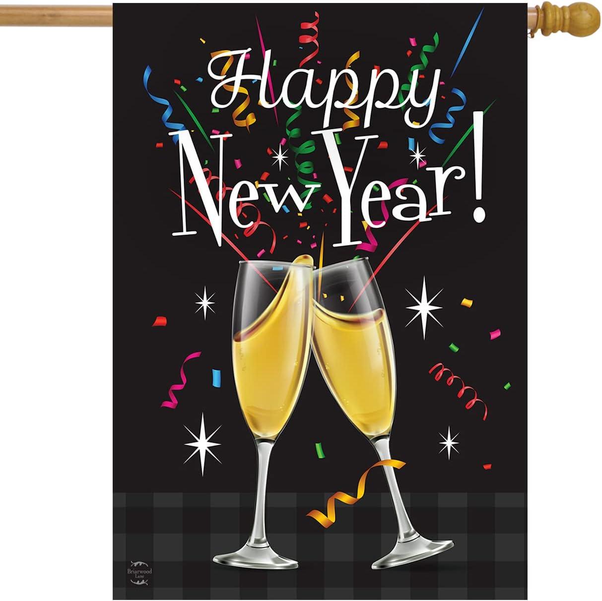 Happy New Year Double-Sided House Flag Champagne Glasses Toast 28" x 40" Briarwood Lane