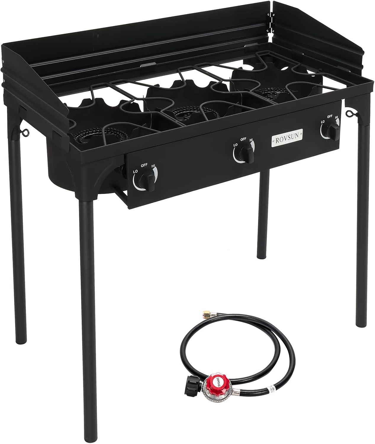 Bonnlo 3-Burner Outdoor Portable Propane Burner Stove 225,000-BTU Gas Cooker with Windscreen & Carrying Bag, Heavy Duty Iron Cast Patio Burner with Detachable Stand Legs for Camp Cooking