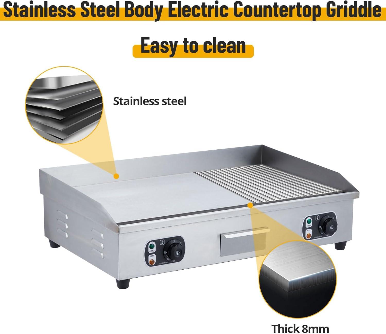 Commercial Electric Griddle with Adjustable Thermostatic Control 122°F-572°F Electric Countertop Flat Top Griddle 110V 60HZ Non-Stick  Teppanyaki Stainless Steel Grill for Home Restaurant