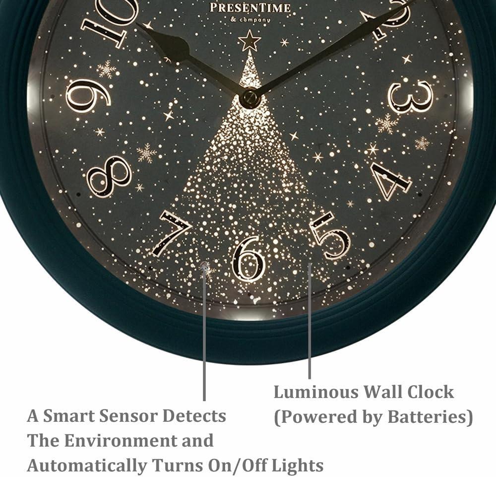 Presentime & Co. 12.6" Illuminated Farmhouse Wall Clock, Silent Battery Operated Night Light Wall Clock with Smart LED Sensor for Living Room, Bathroom, Kitchen, Home Office, Oil Rubbed Bronze Finish