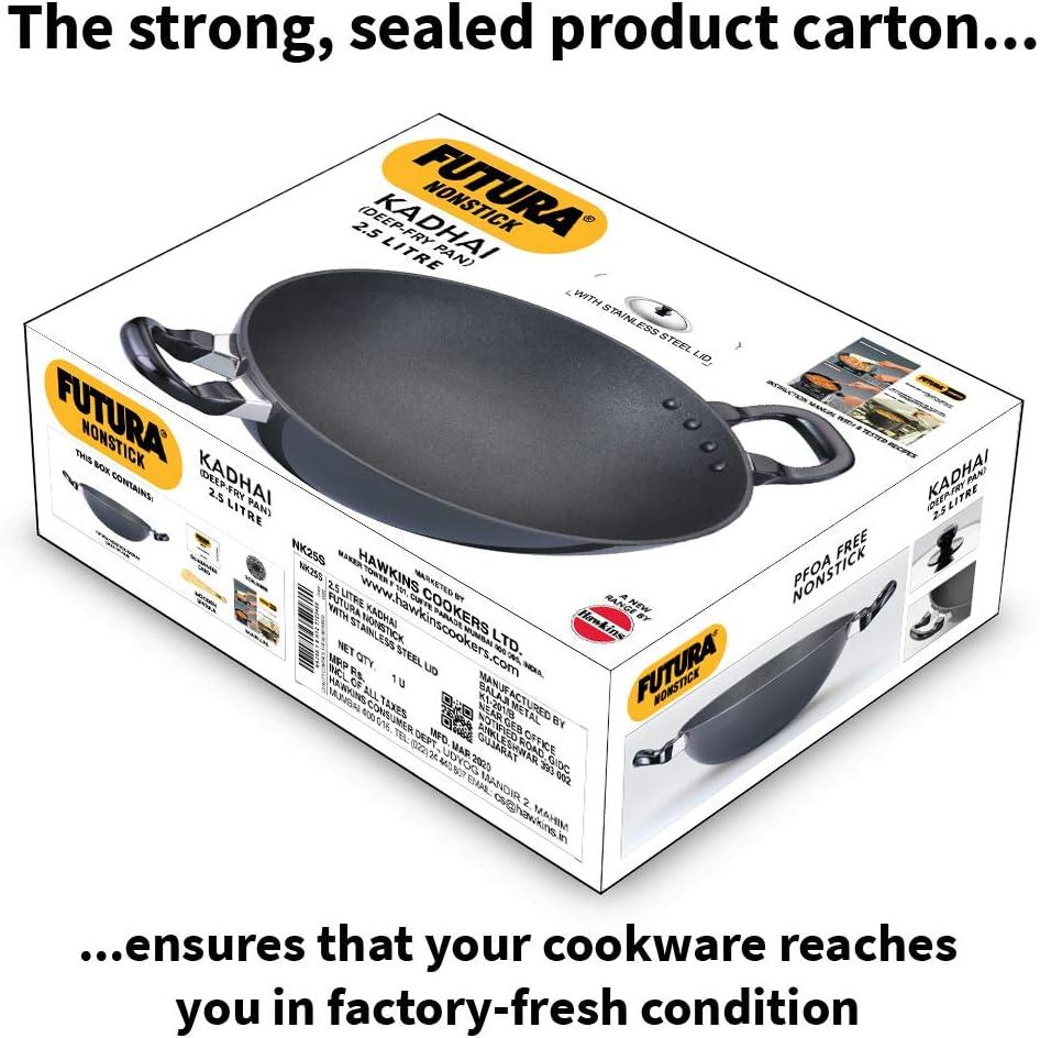 Hawkins Futura 2.5L Kadhai Fry Pan with Steel Lid: Anodized Aluminum, Gas Compatible, Hand Wash, 2-Piece Set
