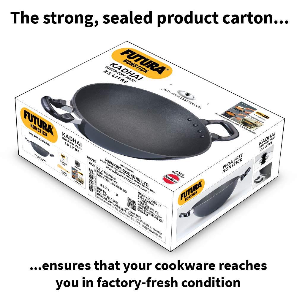 Hawkins Futura 2.5L Kadhai Fry Pan with Steel Lid: Anodized Aluminum, Gas Compatible, Hand Wash, 2-Piece Set