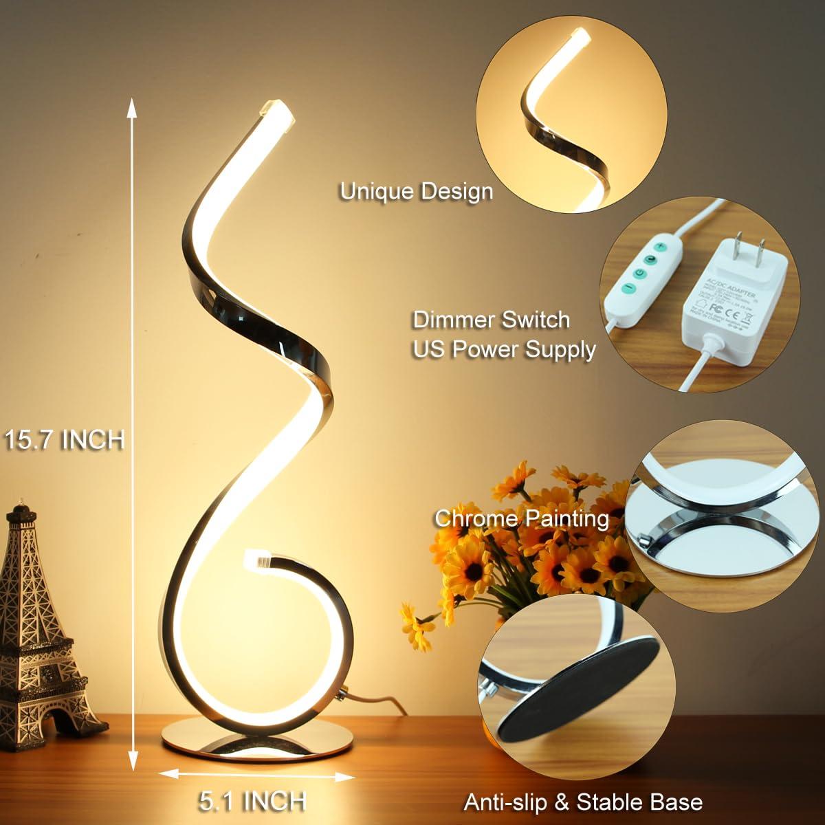 Modern Spiral LED Table Lamp, Stepless Dimmable Bedside Table Lamps for Bedroom, 10W LED Desk Lamp 3 Color Modes Desk Light Reading Office Lamps for Nightstand, Living Room- Silver