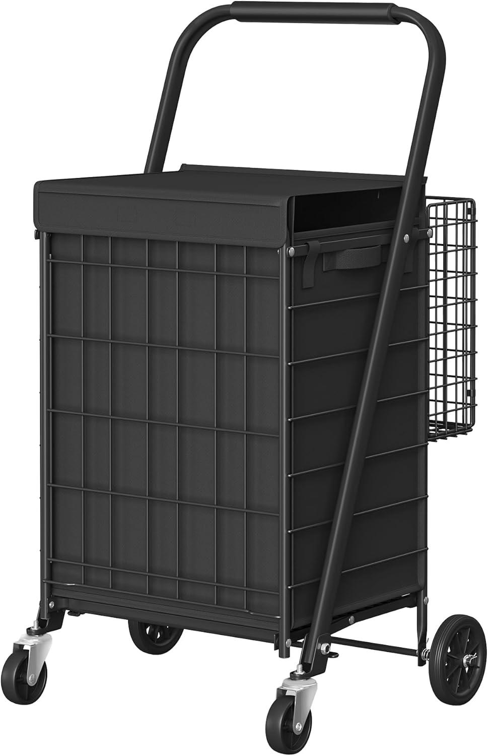 Foldable Shopping Cart, Heavy Duty Grocery Cart, Utility Cart, 360° SwivelBag, Removable Basket,