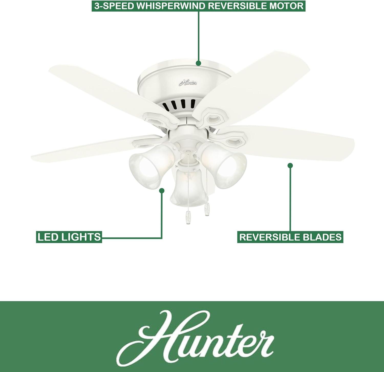42" Builder Low Profile Ceiling Fan (Includes LED Light Bulb) White - Hunter Fan: 5-Blade, Reversible Motor, Flush Mount