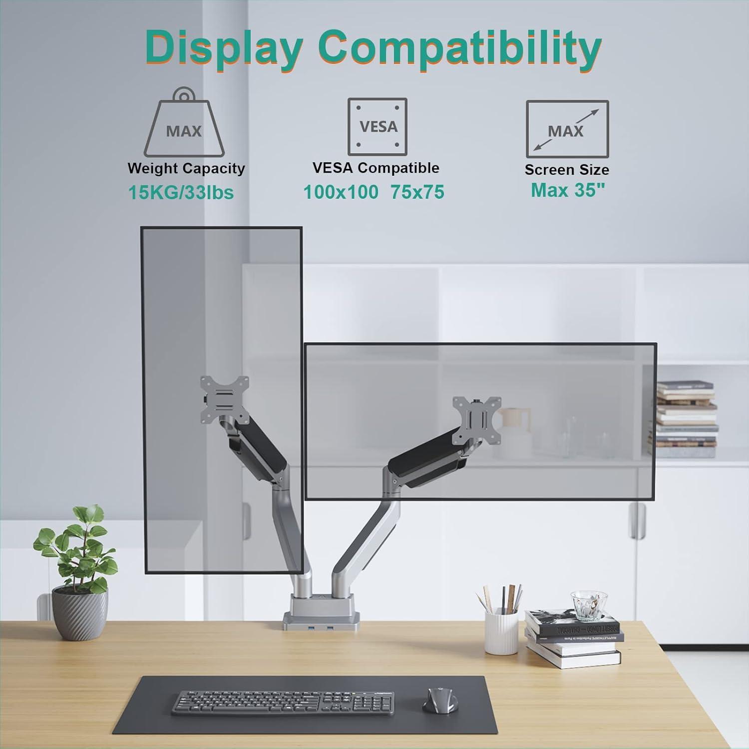 Silver Dual Monitor Adjustable Gas Spring Desk Mount with USB Ports