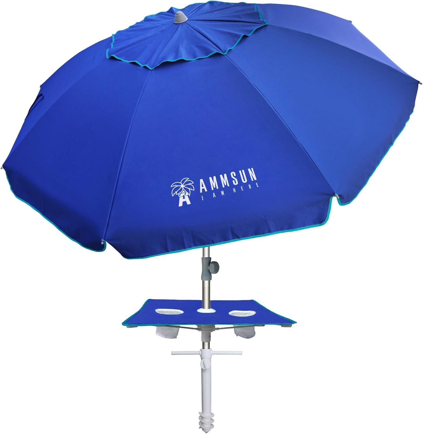 Blue 7ft Round Beach Umbrella with Aluminum Pole and Built-in Table