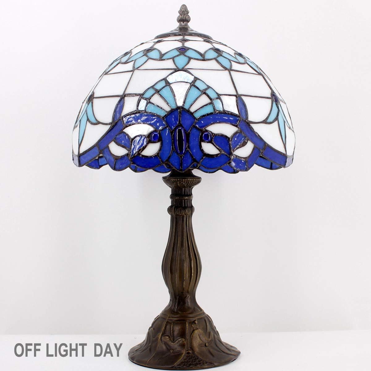 WERFACTORY Tiffany Table Lamp Navy Blue Baroque Stained Glass Style Desk Bedside Reading Light 12X12X18 Inches Decor Bedroom Living Room Home Office S003B Series