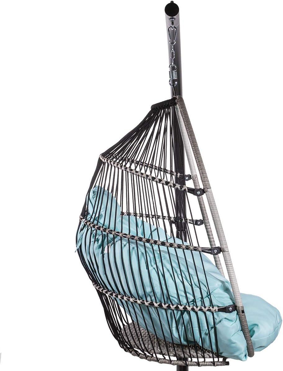 Barton Egg Swing Chair With Stand, Hanging Egg Chair Outdoor, Rattan Wicker Patio Hanging Basket Hammock Chair With Aluminum Steel Frame & UV Resistant Cushion For Indoor Bedroom Balcony, Aqua