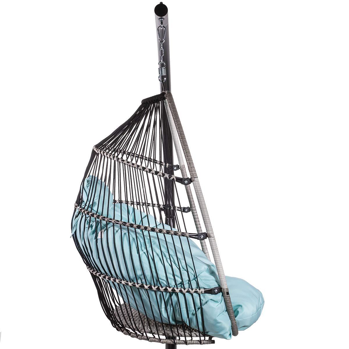 Barton Egg Swing Chair With Stand, Hanging Egg Chair Outdoor, Rattan Wicker Patio Hanging Basket Hammock Chair With Aluminum Steel Frame & UV Resistant Cushion For Indoor Bedroom Balcony, Aqua