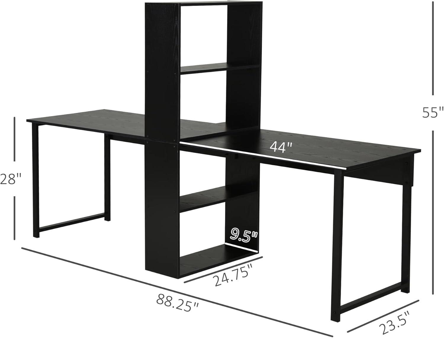 HOMCOM 88 Extra Long 2 Person Computer Desk with Storage Shelves Combo Double Workstation Storage Study Writing Table for Home Office Bookshelf Black