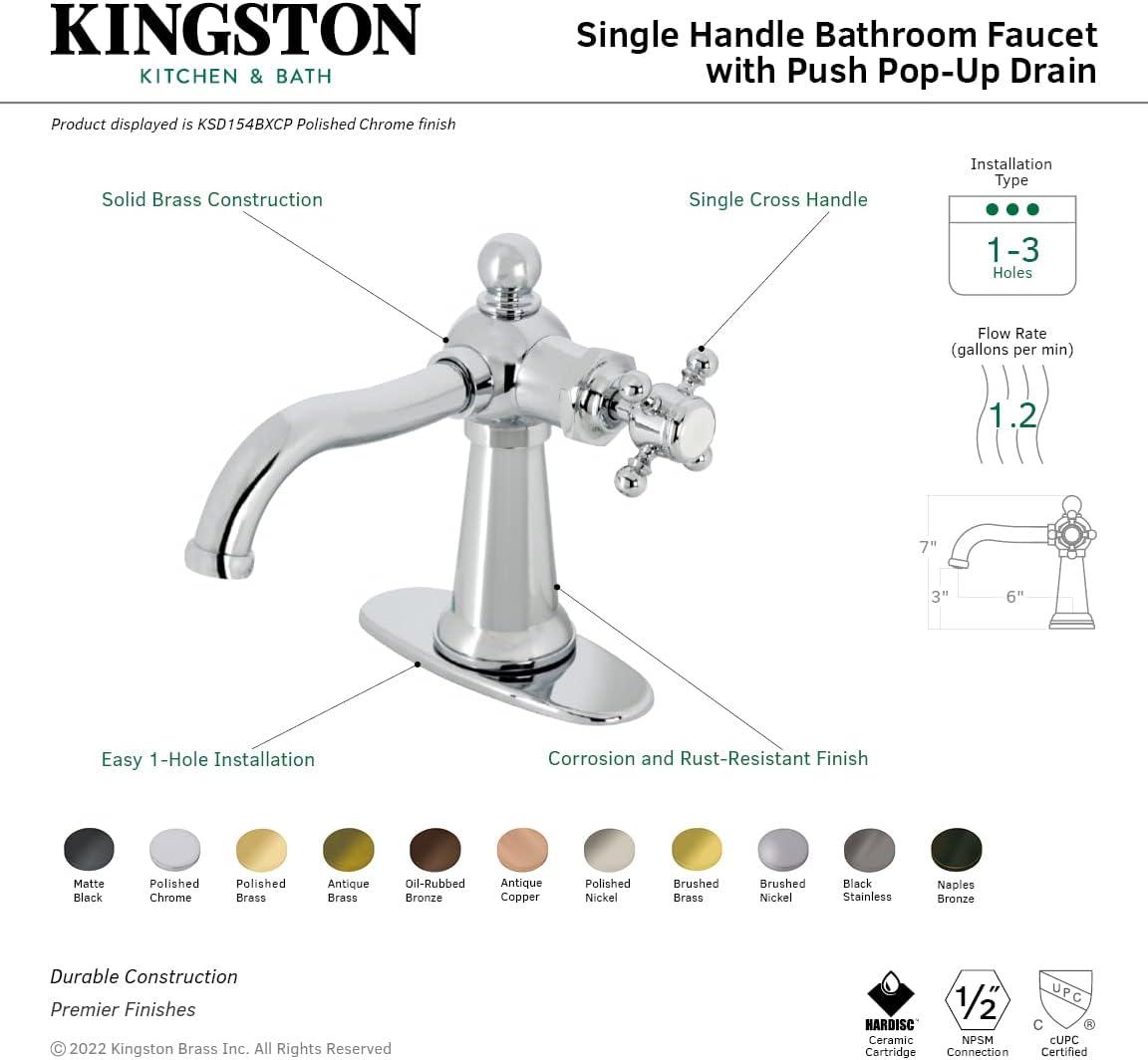 Kingston Brass Nautical Single-Handle 1-Hole Deck Mount Bathroom Faucet with Push Pop-Up and Deck Plate