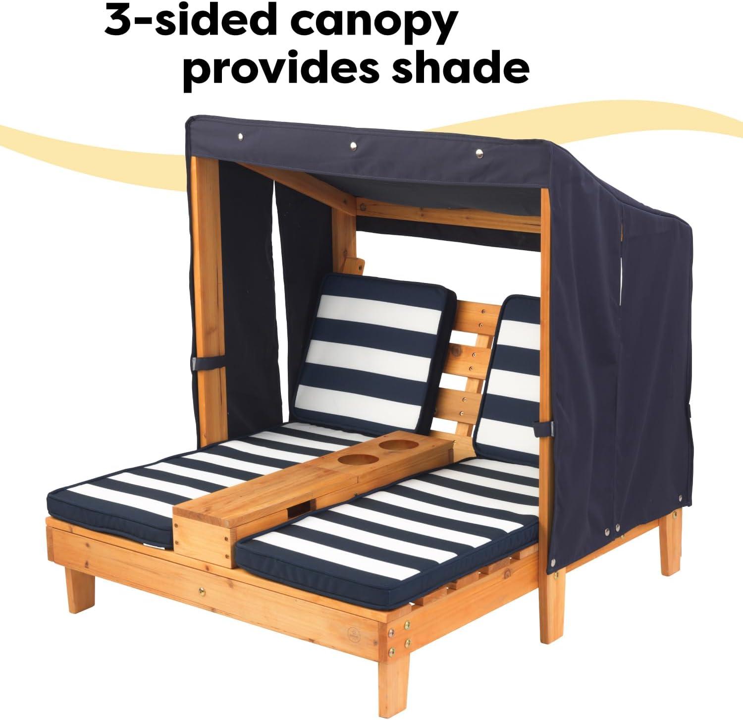 KidKraft Wooden Outdoor Double Chaise with Cup Holders, Kid's Furniture, Honey & Navy