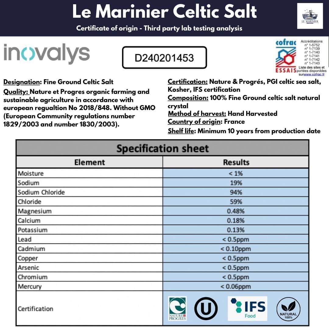 Le Marinier Celtic Salt Fine Ground, 1.1lb - 18oz. Unrefined French Sea Salt 100% Natural, Hand Harvested Mineral Celtic Salt (1.1lb Fine Ground)