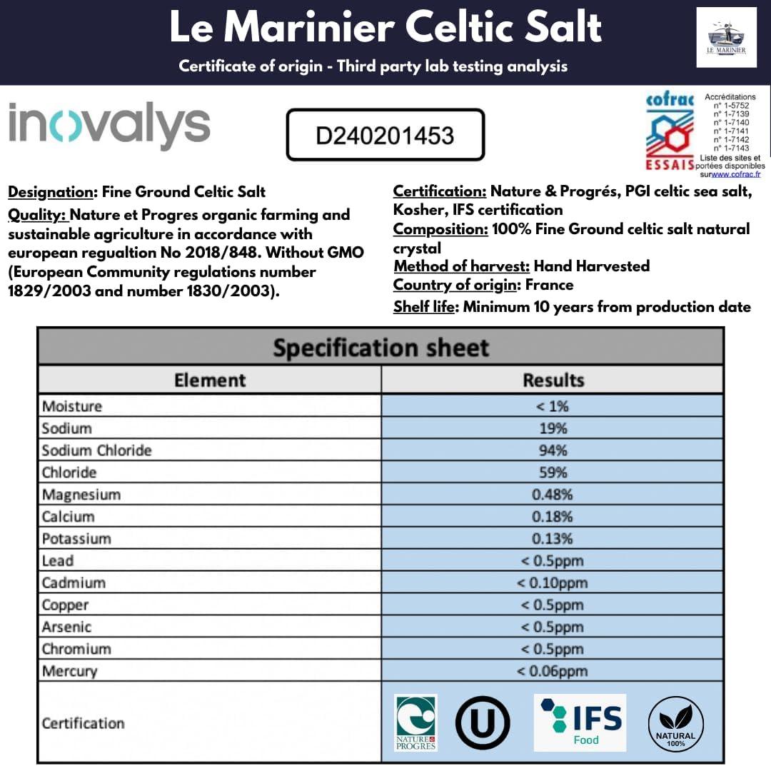 Le Marinier Celtic Salt Fine Ground, 1.1lb - 18oz. Unrefined French Sea Salt 100% Natural, Hand Harvested Mineral Celtic Salt (1.1lb Fine Ground)