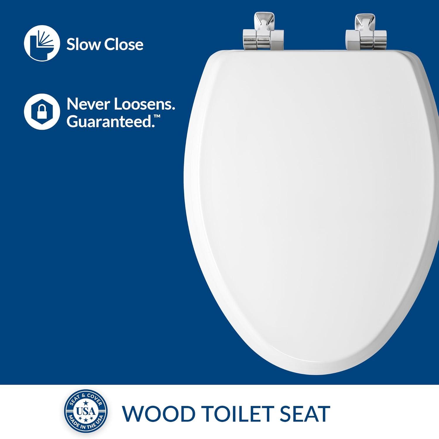 Bennett Toilet Seat with Metal Hinges, Slow Close Wood Seat, Easy Install, Elongated, White