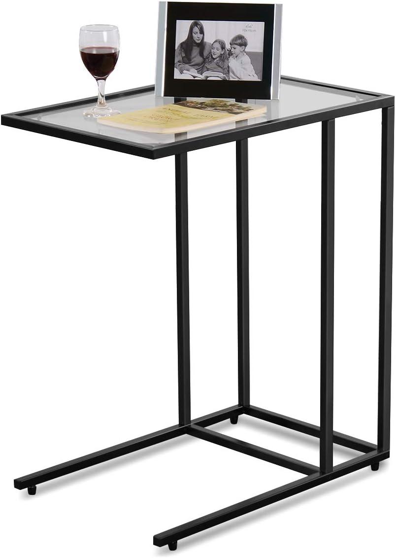 Black Metal and Glass C-Shaped Side Table