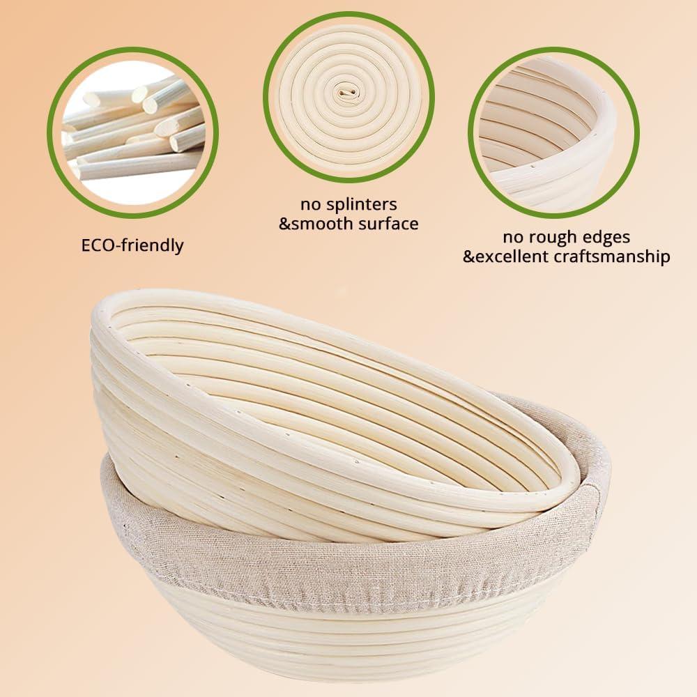 Bread Banneton Proofing Basket Set Of 2, 9 Inch Round & 10 Oval Cane Sourdough Baskets With Lame + Dough Scraper Linen Liner Basting Brush For Making Baking Fermentation