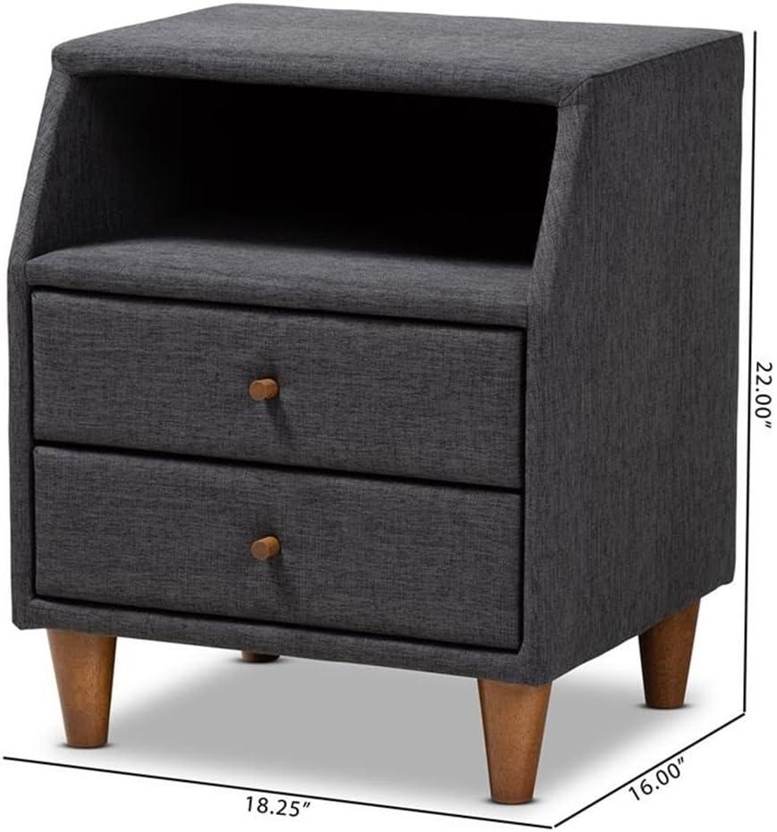 Baxton Studio Claverie Mid-Century Modern Charcoal Fabric Upholstered 2-Drawer Wood Nightstand