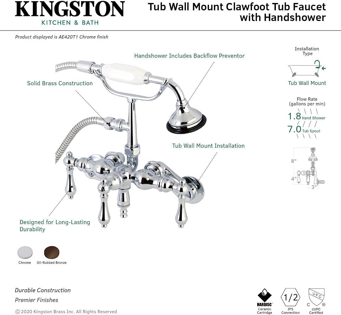 Kingston Brass Vintage Three-Handle 2-Hole Tub Wall Mount Clawfoot Tub Faucet with Hand Shower