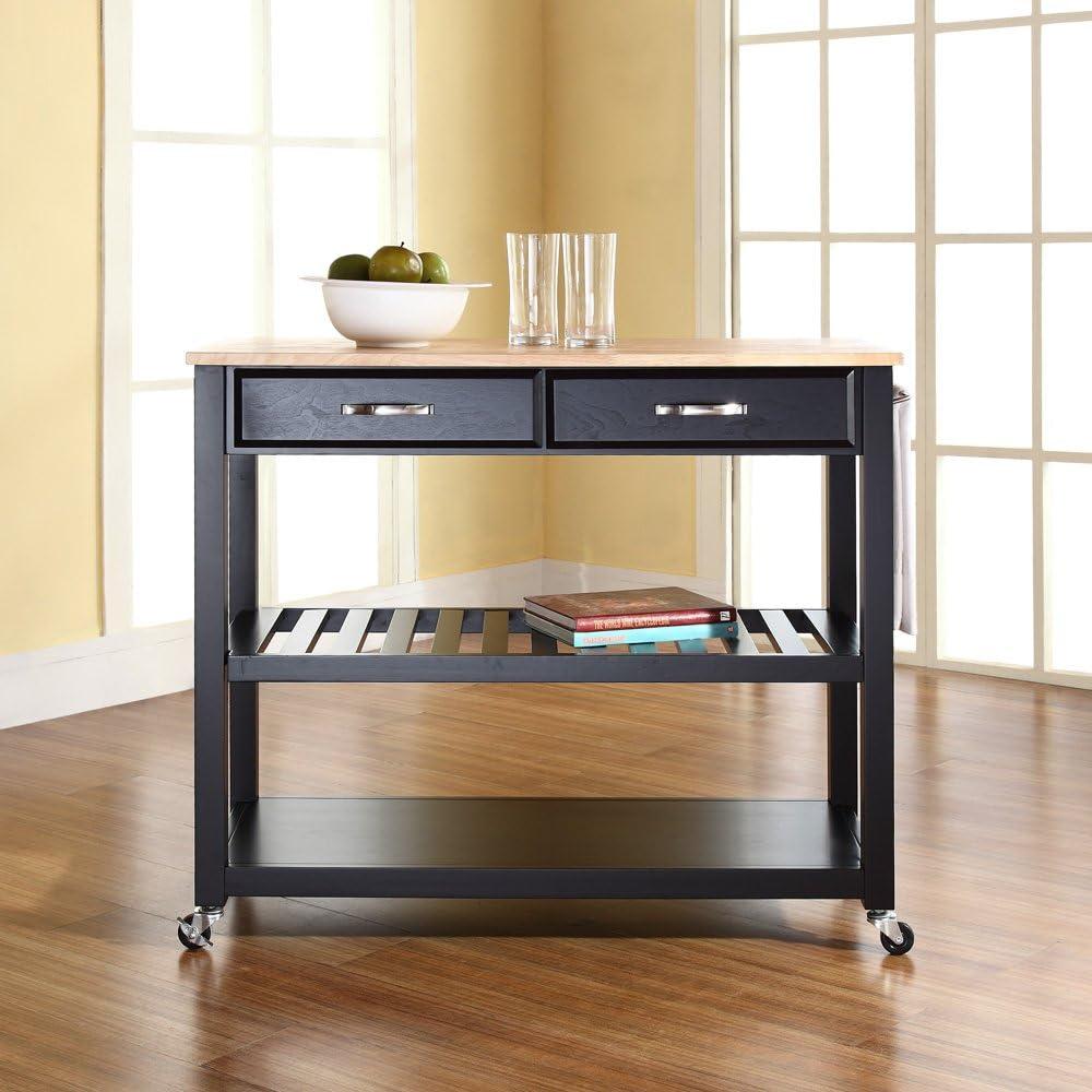 Natural Wood Top Kitchen Cart/Island with Optional Stool Storage - Black - Crosley: Solid Hardwood, Adjustable Shelf, Wheeled