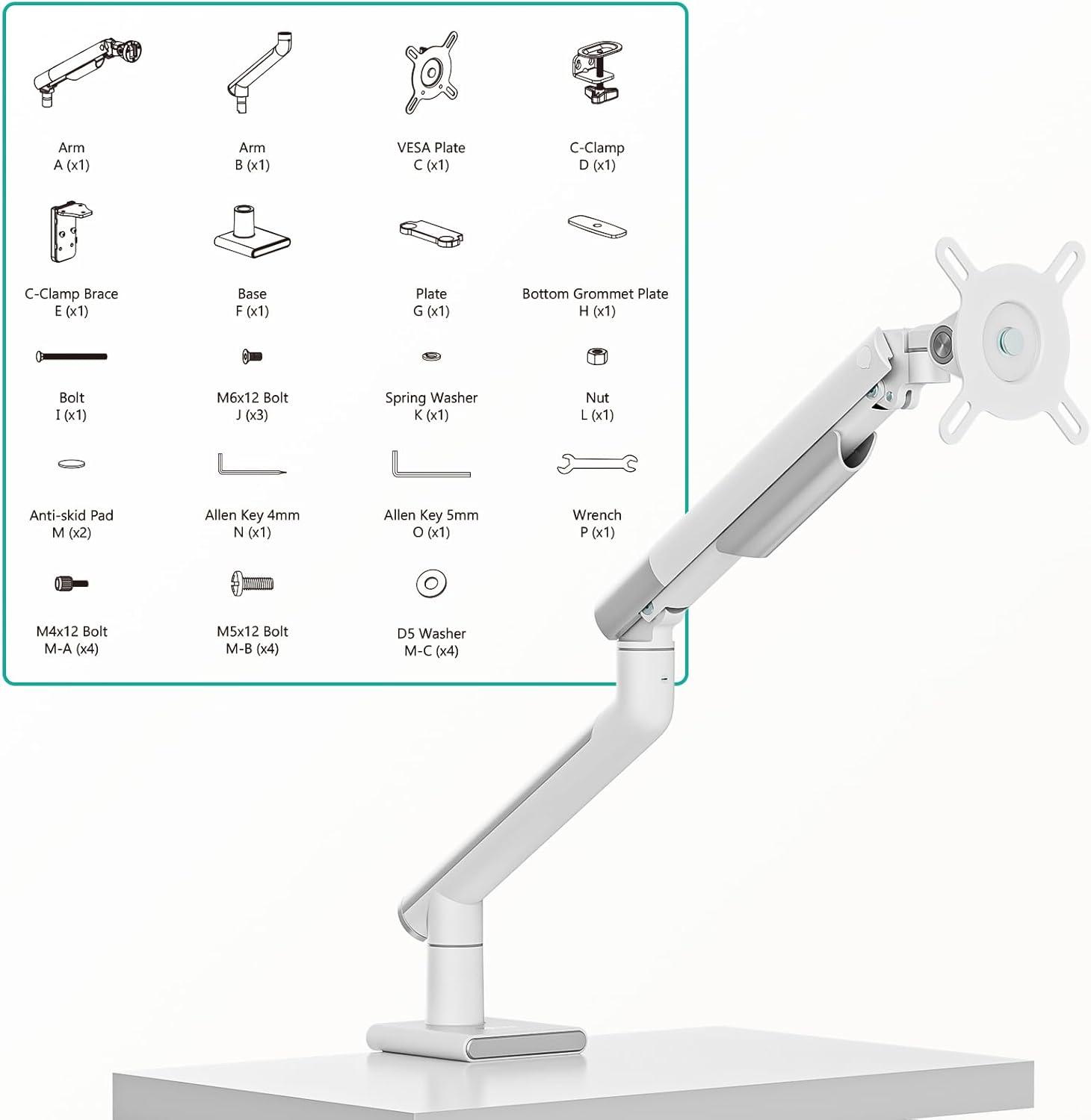 White Adjustable Monitor Mount Arm with Desk Clamp