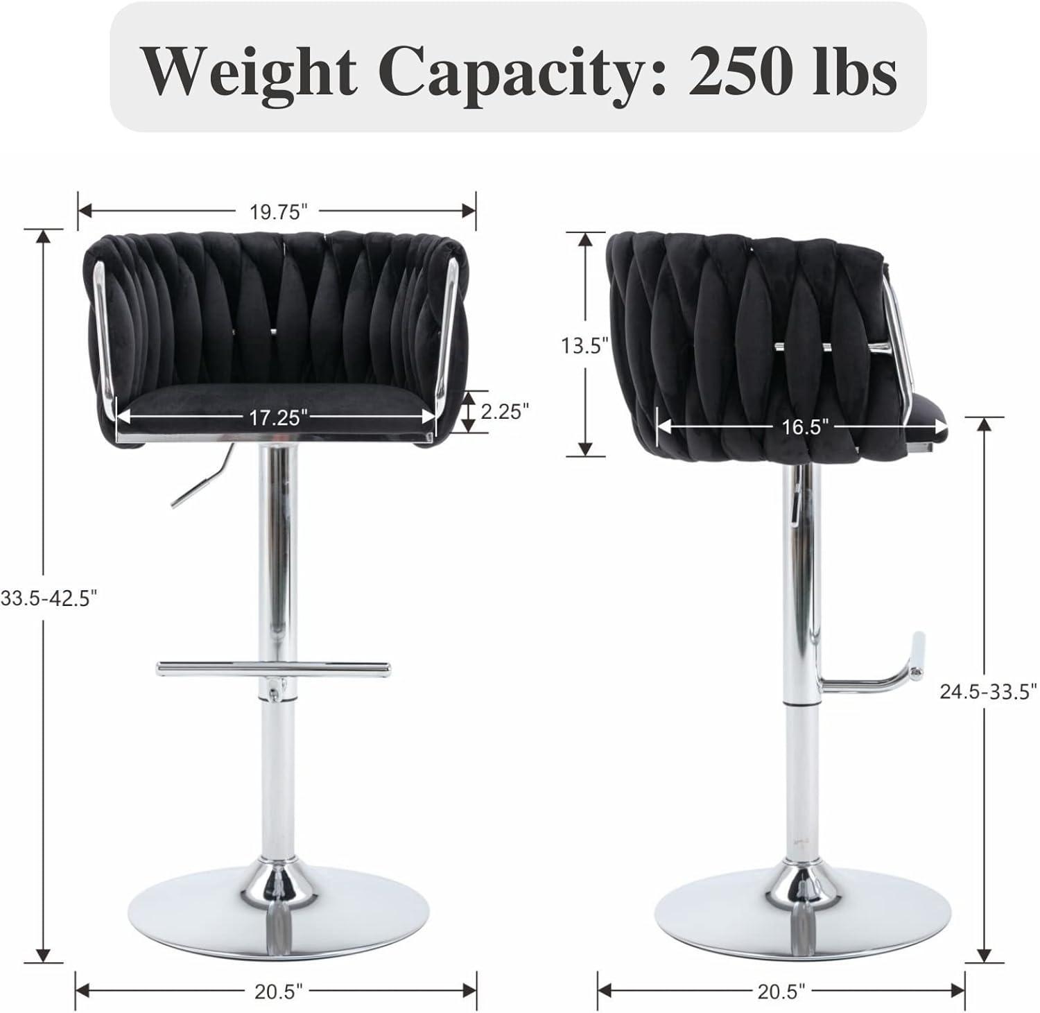 Velvet Bar Stools Set of 2, Counter Height Barstools with Low Back, Swivel Bar Stool for Kitchen Island, Pub (Black)