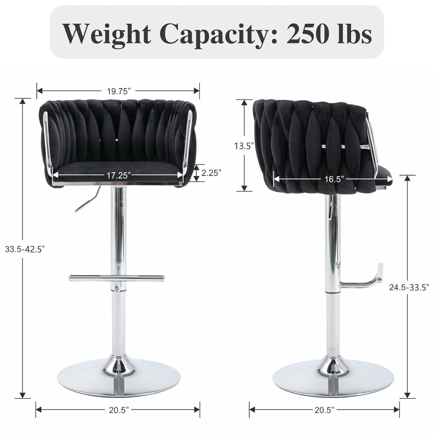 Velvet Bar Stools Set of 2, Counter Height Barstools with Low Back, Swivel Bar Stool for Kitchen Island, Pub (Black)