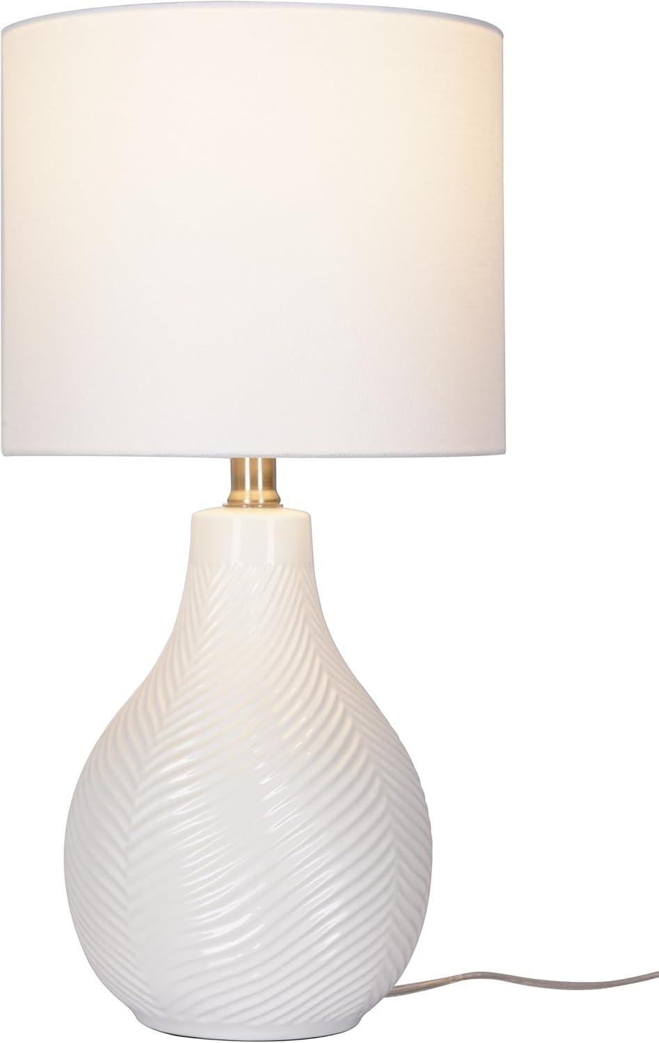 White Ceramic Gourd Table Lamp with Linen Drum Shade, 18"