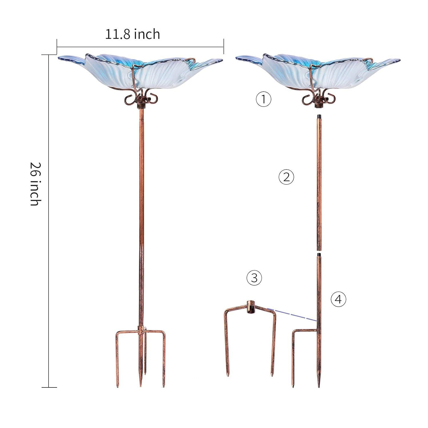 Outdoor Bird Bath Glass Birdbath Garden Birdfeeder with Metal Stake Blue(Height:26inch)