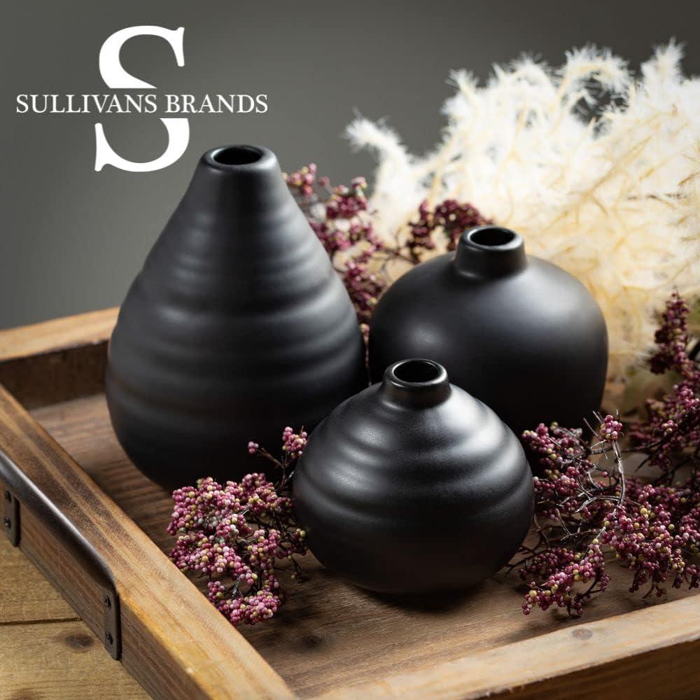 Matte Black Ceramic Bud Vase Trio, 9" x 6.5" Modern Home Decor