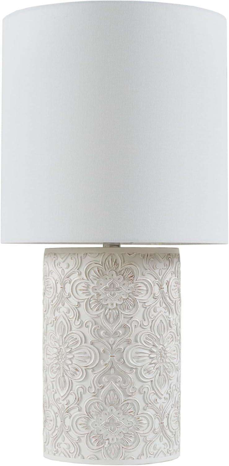 Ivory Floral Embossed Resin Cylinder Table Lamp with 3-Way Switch