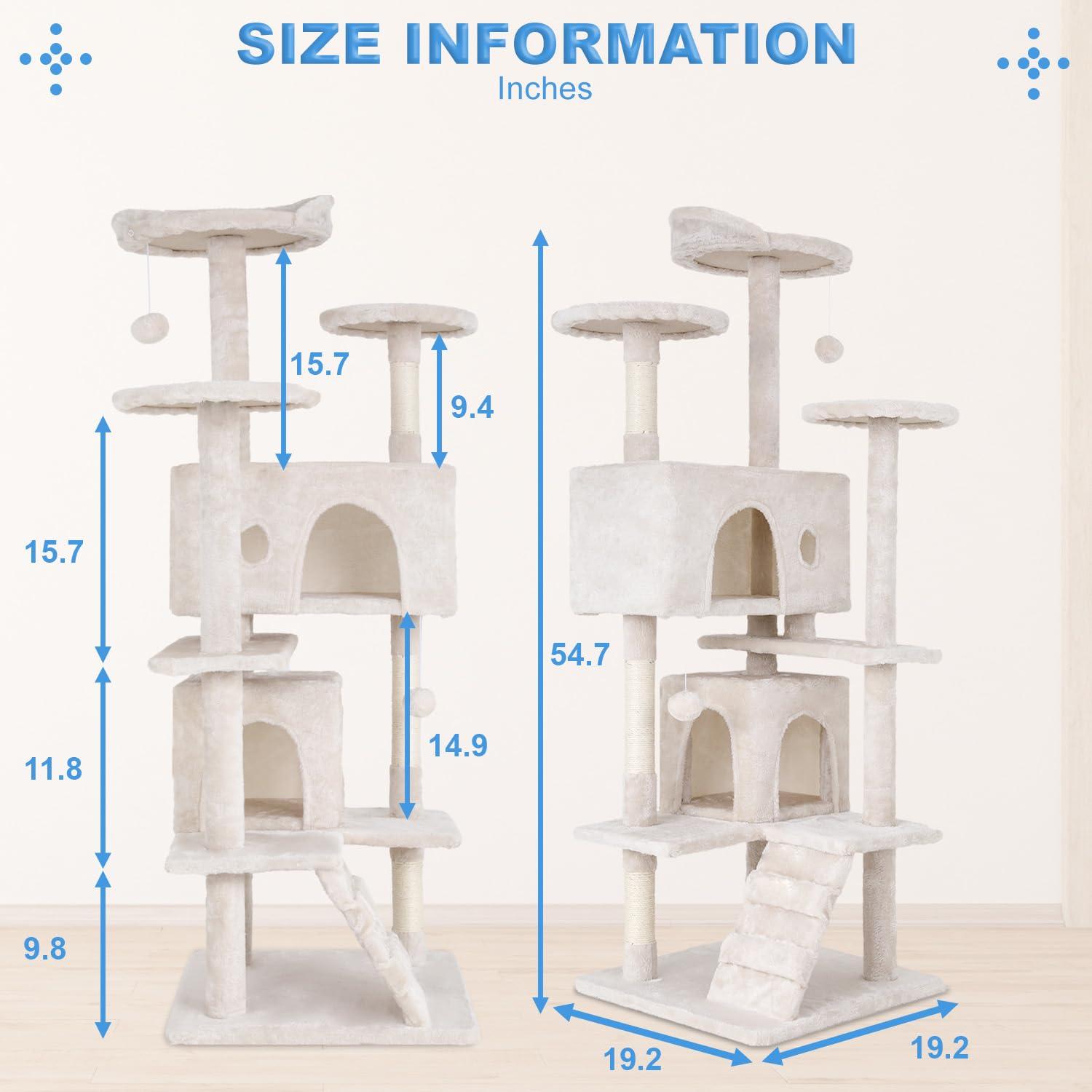 QuellQuest 54in Multi-Level Cat Tree Tower Furniture Activity Center with Scratching Posts, Toys and Condo for Indoor Kittens, Beige