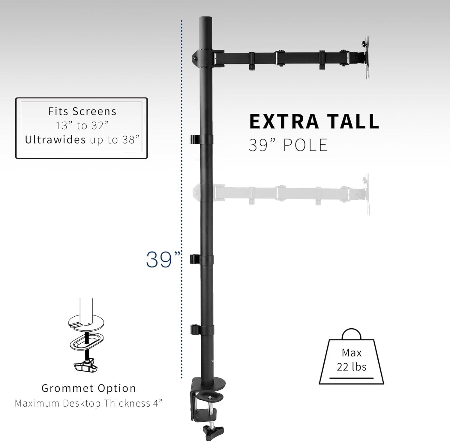 Extra Tall Black Steel Adjustable Single Monitor Desk Mount