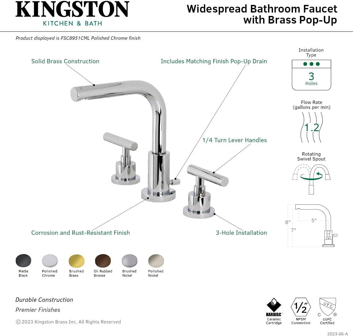 Kingston Brass FSC8958CML Kingston Brass Manhattan Two-Handle 3-Hole Deck Mount Widespread Bathroom Faucet with Brass Pop-Up Drain