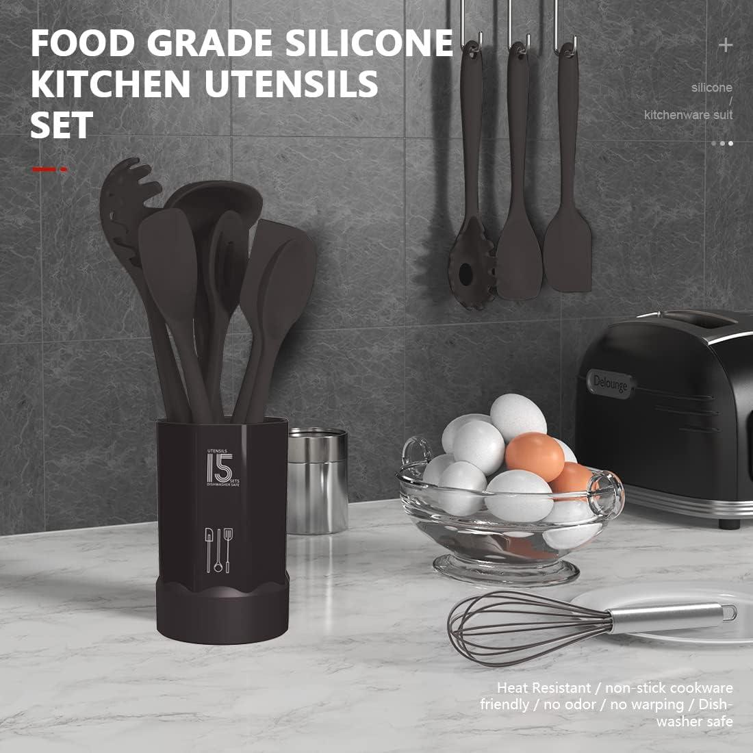 15-Piece Coffee Silicone Cooking Utensils Set with Stainless Steel Handles