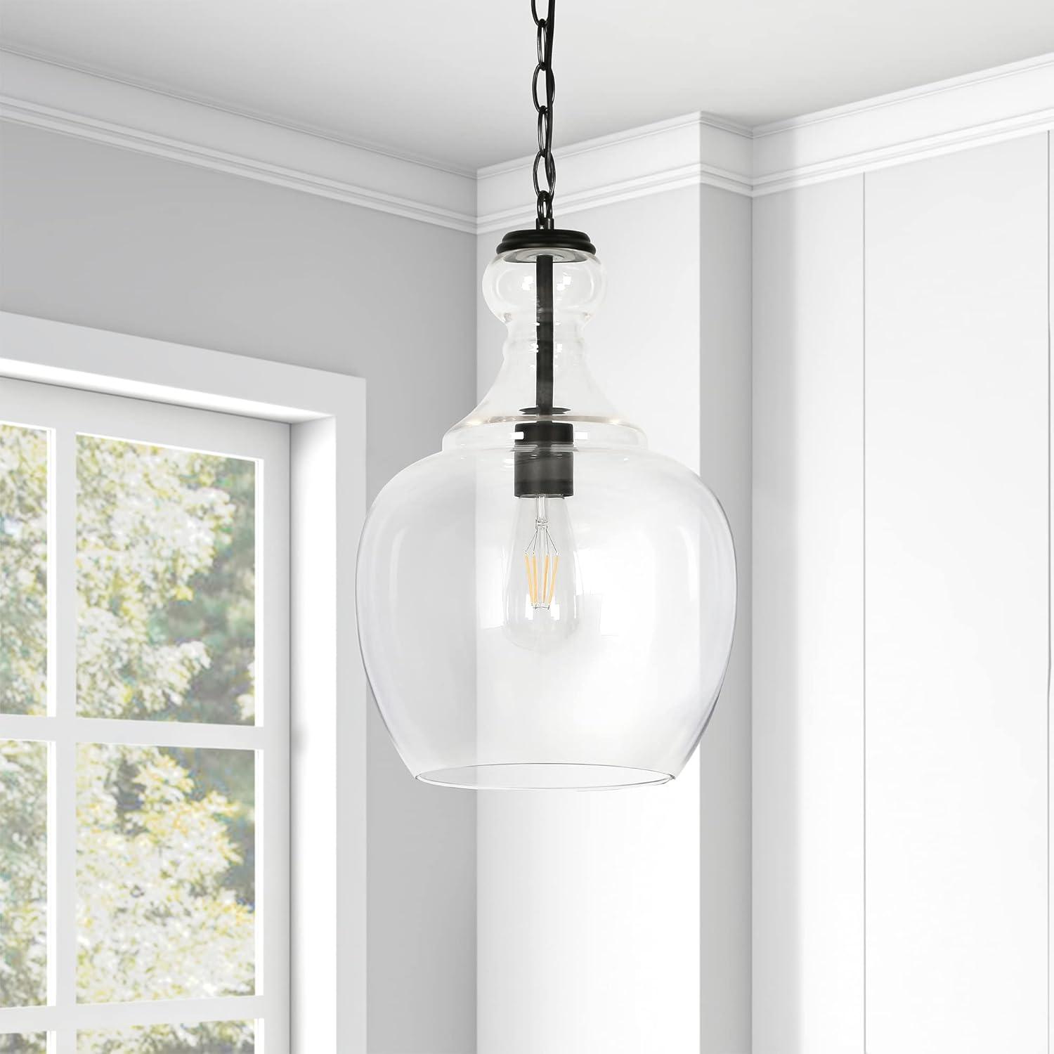 Evelyn&Zoe Verona 11" Wide Pendant with Glass Shade in Blackened Bronze/Clear