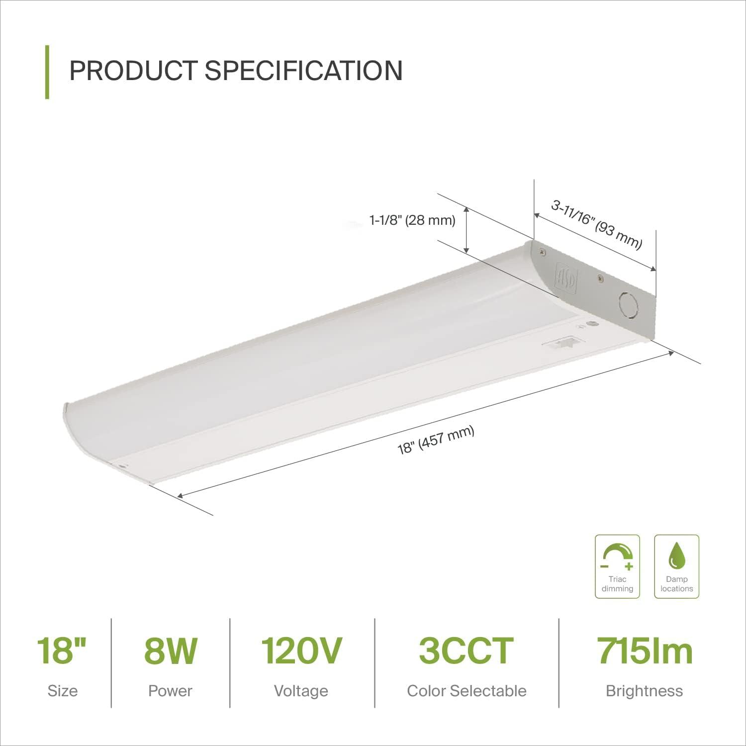 ASD LED Under Cabinet Lighting, 18 inch 8W 715 LM, Dimmable Hardwired Under Cabinet Lights for Kitchen, 3000K Soft/4000K Cool/5000K Daylight, Under Counter Light Fixtures, ETL Energy Star White Finish