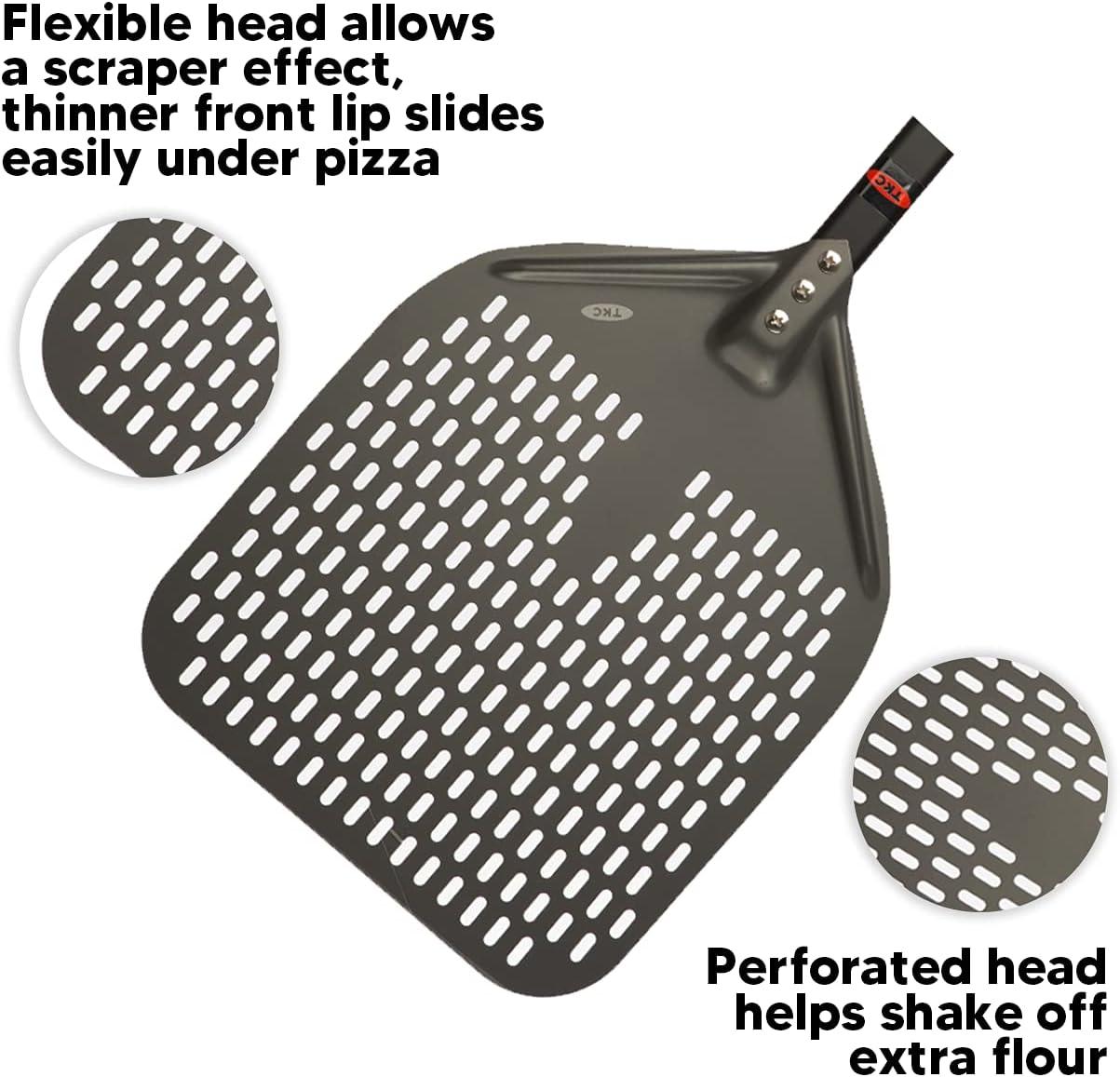 TKC Pizza Peel 12 inch - Perforated Pizza Peel Compatible with all Ooni and Roccbox Outdoor Ovens - Aluminum Pizza Peel for Homemade Pizza - Compact Design - 26 Inch Overall Length (Black/Gray)