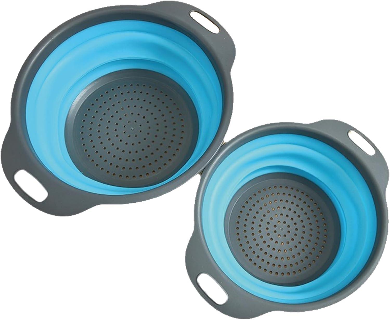 EEEkit 2pcs Collapsible Colander Strainers, Large + Small Silicone Kitchen Drain Basket for Vegetables Fruits Pastas, Blue