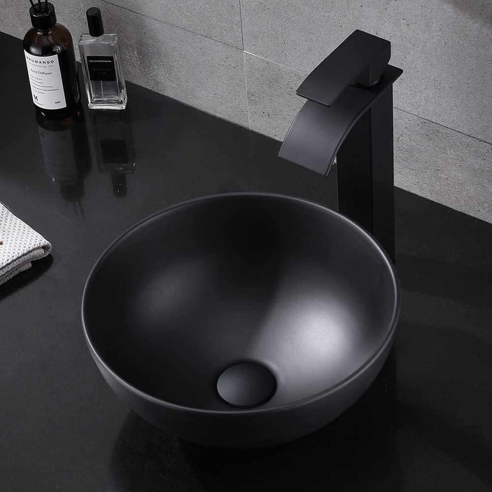Matte Black Square Ceramic Above-Counter Vessel Sink with Pop-Up Drain