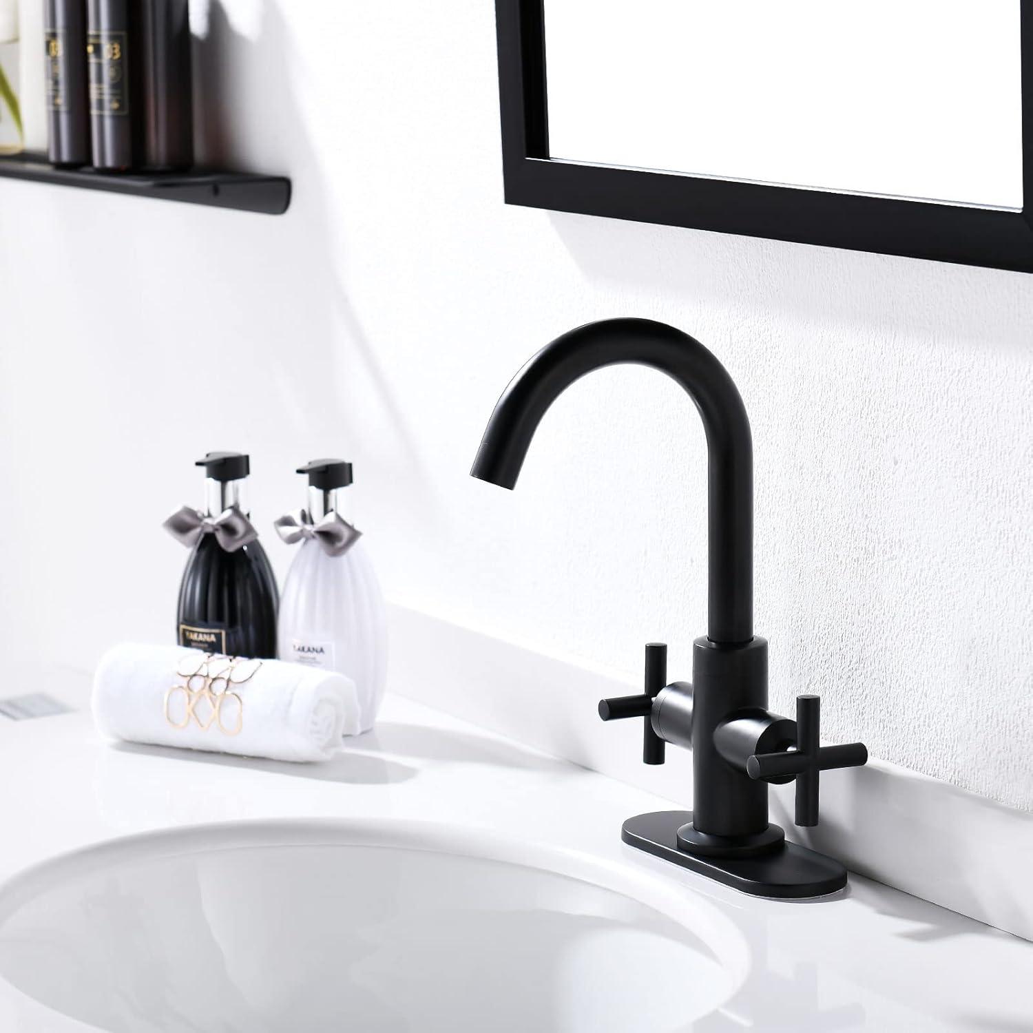 Matte Black 4-Inch Centerset Bathroom Faucet with Drain and Deck Plate