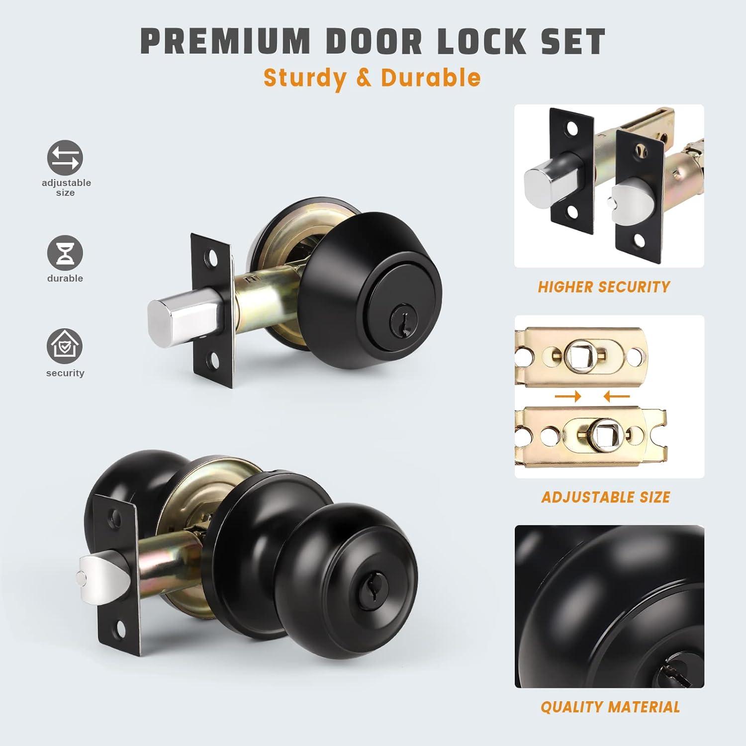 3 Pack Keyed Alike Entry Door Knobs and Single Cylinder Deadbolt Lock Combo Set Security for Entrance and Front Door with Classic Matte Black Finish