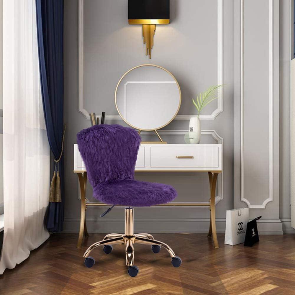 Purple Faux Fur Mid-Back Swivel Vanity Chair with Gold Legs