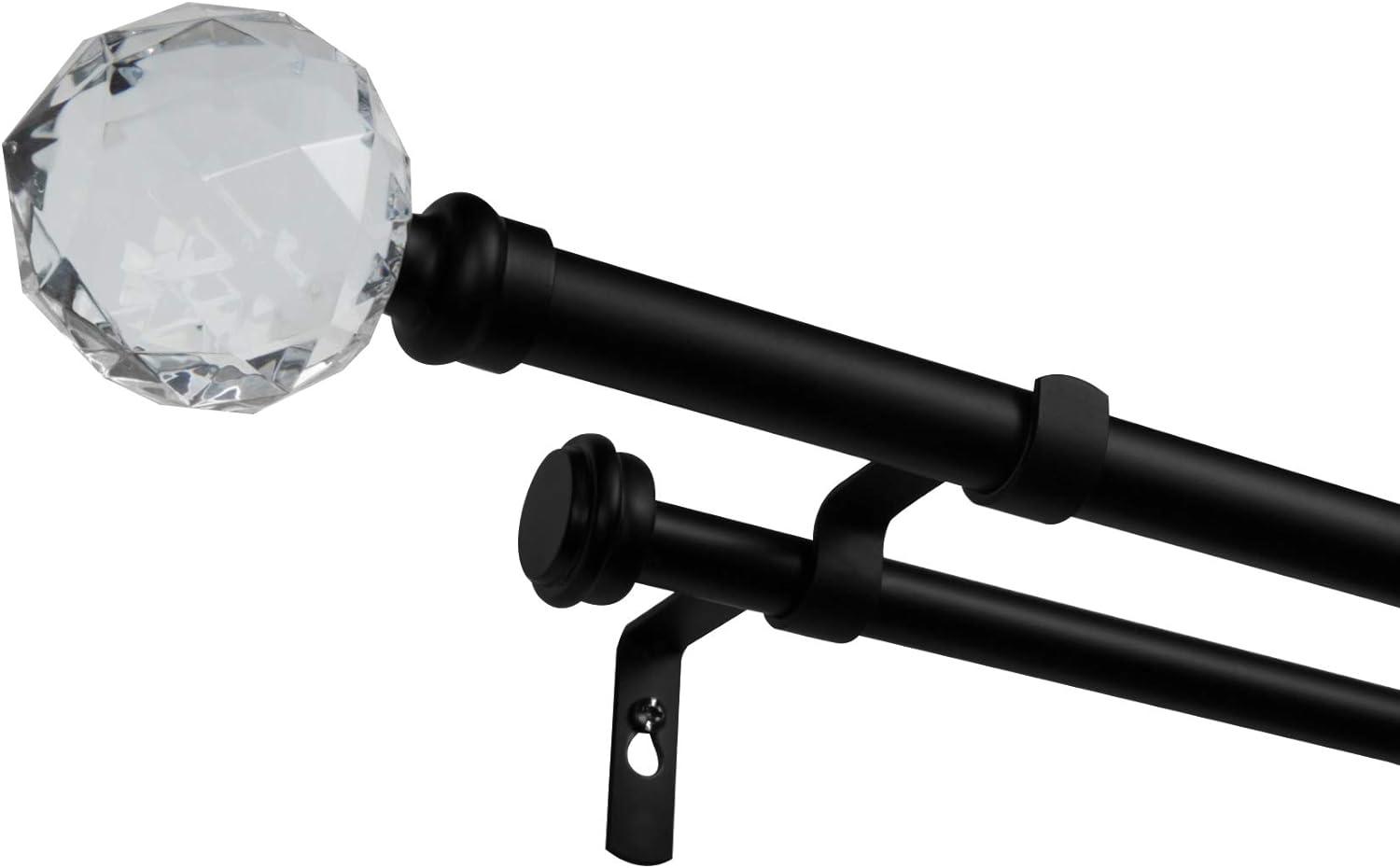 Matte Black Double Curtain Rod with Crystal Finials